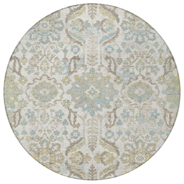 HomeRoots 8 Foot Round Damask Ivory Beige Washable Polyester Rug for Indoor Outdoor Use 733560