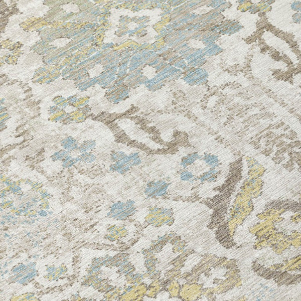 8 Foot Round Damask Ivory Beige Washable Polyester Rug for Indoor Outdoor Use