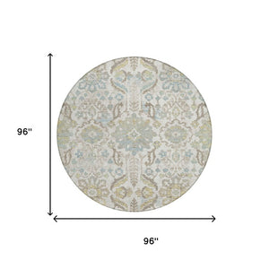 8 Foot Round Damask Ivory Beige Washable Polyester Rug for Indoor Outdoor Use