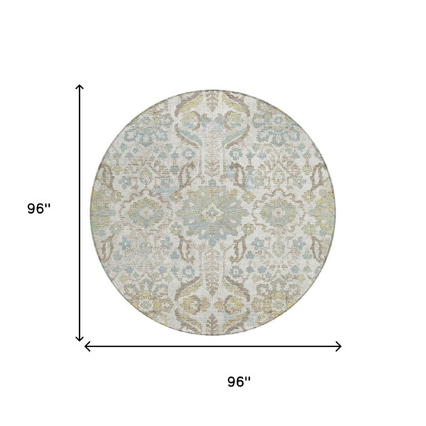 8 Foot Round Damask Ivory Beige Washable Polyester Rug for Indoor Outdoor Use