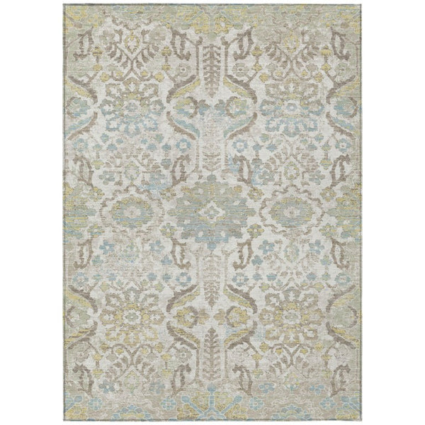 9x12 Washable Indoor Outdoor Polyester Rug Ivory Damask Pattern Low Pile Large