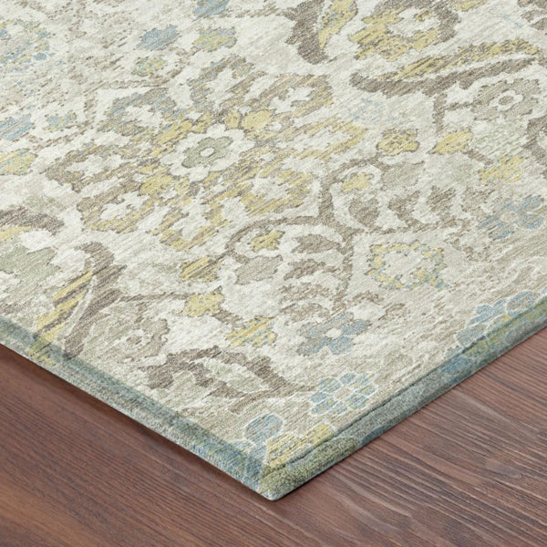 9x12 Washable Indoor Outdoor Polyester Rug Ivory Damask Pattern Low Pile Large