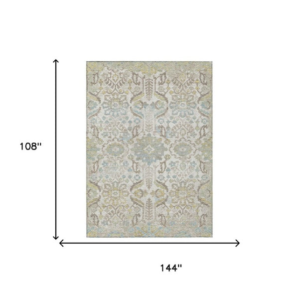 9x12 Washable Indoor Outdoor Polyester Rug Ivory Damask Pattern Low Pile Large