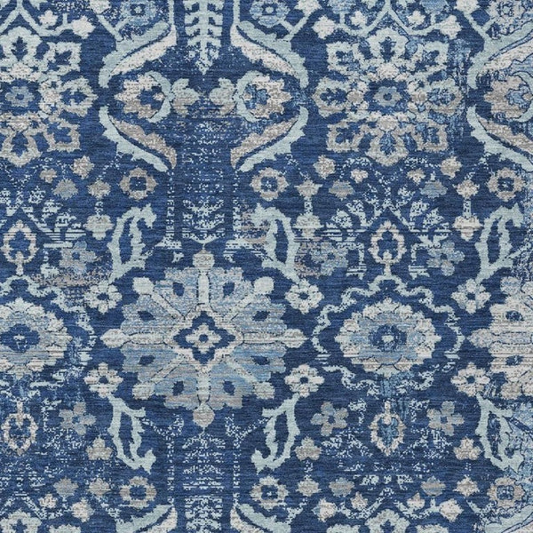 HomeRoots 8x10 Navy Damask Washable Polyester Rug for Indoor Outdoor Patios and Living Rooms 733567