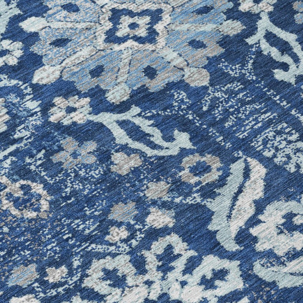 8x10 Navy Damask Washable Polyester Rug for Indoor Outdoor Patios and Living Rooms