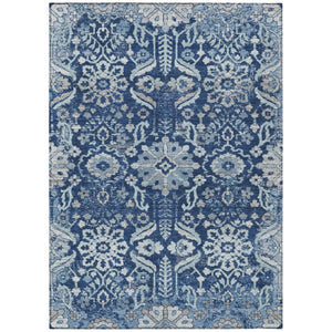 9 X 12 Navy Damask Polyester Area Rug Machine Washable Indoor Outdoor Patio Use