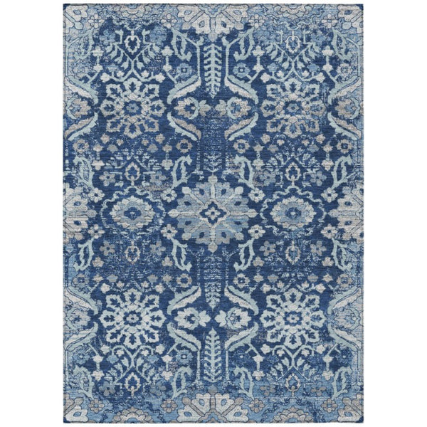 9 X 12 Navy Damask Polyester Area Rug Machine Washable Indoor Outdoor Patio Use