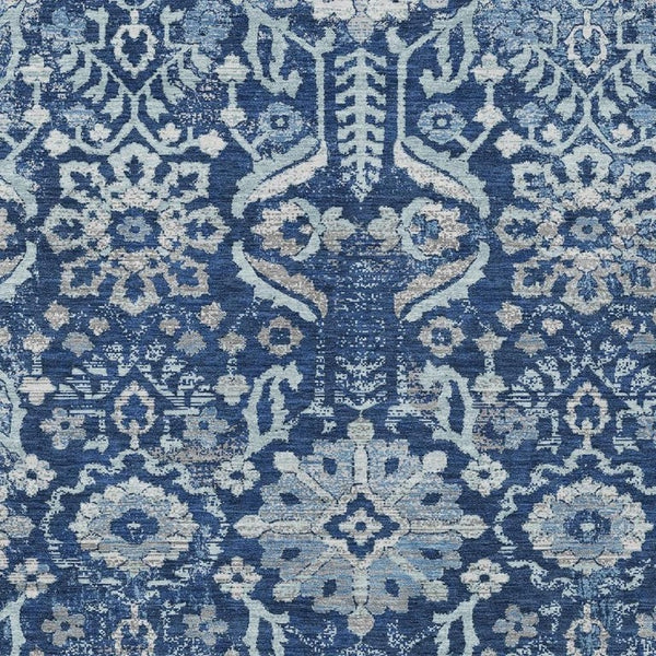 HomeRoots 9 X 12 Navy Damask Polyester Area Rug Machine Washable Indoor Outdoor Patio Use 733568