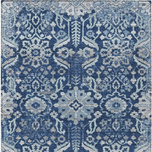 9 X 12 Navy Damask Polyester Area Rug Machine Washable Indoor Outdoor Patio Use