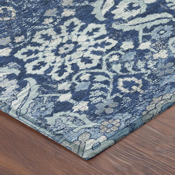 9 X 12 Navy Damask Polyester Area Rug Machine Washable Indoor Outdoor Patio Use