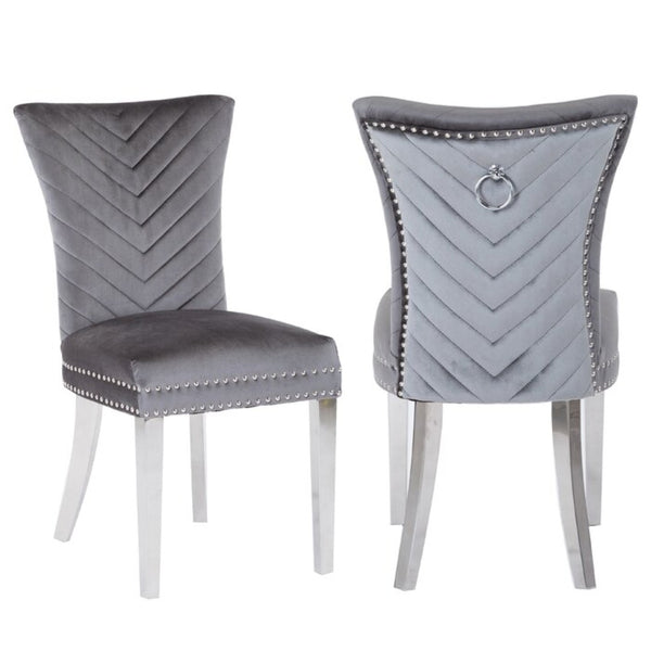 English Elm Eva Tufted Velvet Dining Chairs with Polished Steel Legs for Elegant Moody Spaces Gray 733569236183