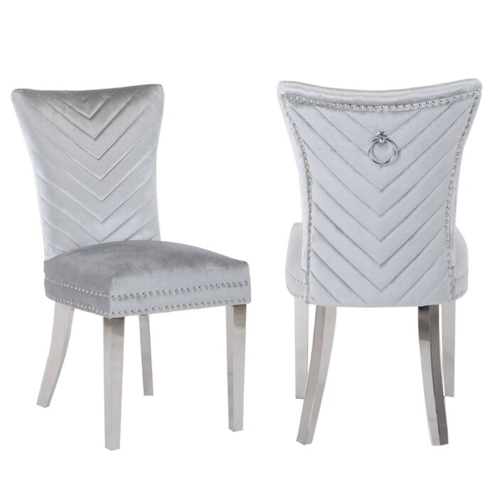 English Elm Eva Tufted Velvet Dining Chairs with Polished Steel Legs for Elegant Moody Spaces Silver 733569295678