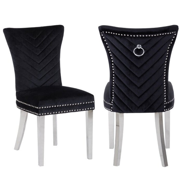 English Elm Eva Tufted Velvet Dining Chairs with Polished Steel Legs for Elegant Moody Spaces Black 733569377848