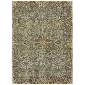 9 X 12 Olive Damask Washable Polyester Indoor Outdoor Rug for Patio or Living Room