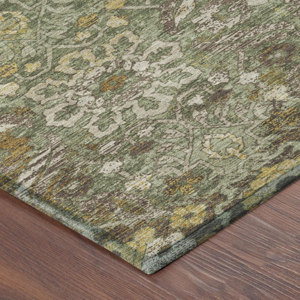 9 X 12 Olive Damask Washable Polyester Indoor Outdoor Rug for Patio or Living Room