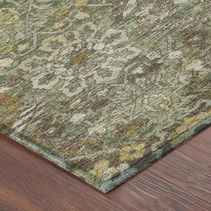 10 Ft X 14 Ft Olive Damask Washable Polyester Rug for Indoor Outdoor Living