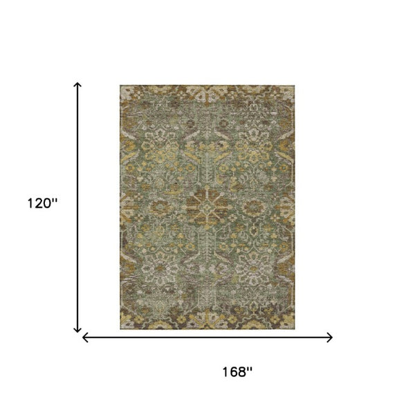 10 Ft X 14 Ft Olive Damask Washable Polyester Rug for Indoor Outdoor Living