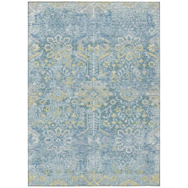 5 X 8 Teal Silver Damask Polyester Indoor Outdoor Washable Area Rug for Patios