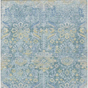 5 X 8 Teal Silver Damask Polyester Indoor Outdoor Washable Area Rug for Patios