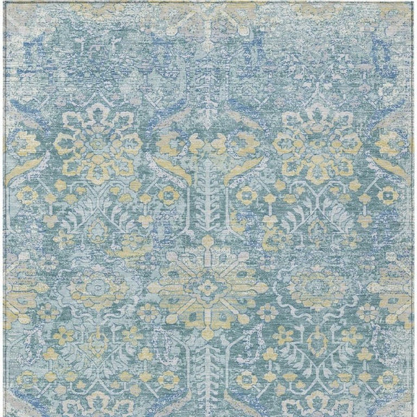 5 X 8 Teal Silver Damask Polyester Indoor Outdoor Washable Area Rug for Patios