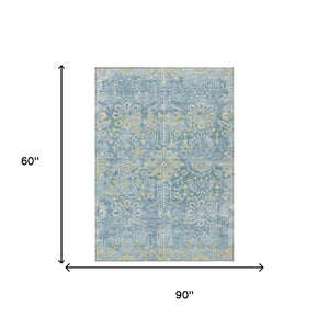 5 X 8 Teal Silver Damask Polyester Indoor Outdoor Washable Area Rug for Patios