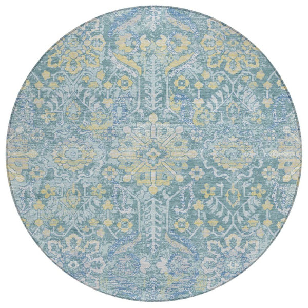 HomeRoots 8 Foot Round Damask Polyester Rug Washable Indoor Outdoor Teal Silver Accent 733578