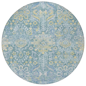 8 Foot Round Damask Polyester Rug Washable Indoor Outdoor Teal Silver Accent