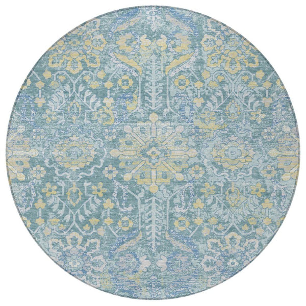 8 Foot Round Damask Polyester Rug Washable Indoor Outdoor Teal Silver Accent