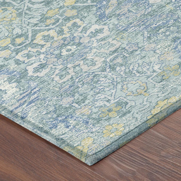 8 Foot Round Damask Polyester Rug Washable Indoor Outdoor Teal Silver Accent