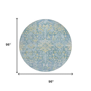 8 Foot Round Damask Polyester Rug Washable Indoor Outdoor Teal Silver Accent