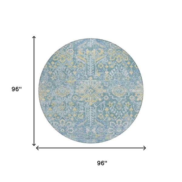 8 Foot Round Damask Polyester Rug Washable Indoor Outdoor Teal Silver Accent