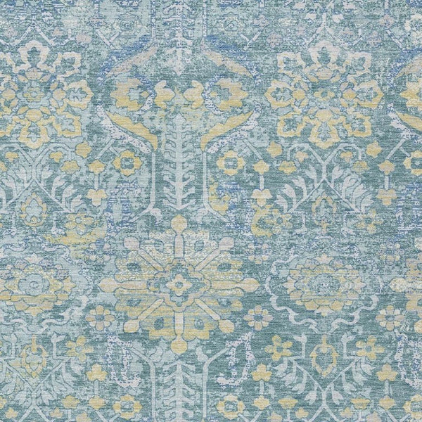 HomeRoots 8 X 10 Teal Silver Damask Polyester Washable Rug for Indoor Outdoor Spaces 733579
