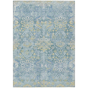 9x12 Teal Silver Damask Polyester Area Rug Washable Indoor Outdoor Patio Use