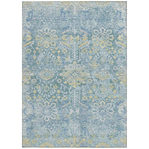 9x12 Teal Silver Damask Polyester Area Rug Washable Indoor Outdoor Patio Use