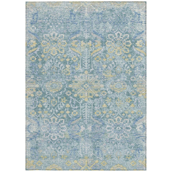 9x12 Teal Silver Damask Polyester Area Rug Washable Indoor Outdoor Patio Use