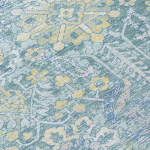 9x12 Teal Silver Damask Polyester Area Rug Washable Indoor Outdoor Patio Use