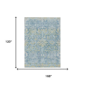 10 Ft Damask Polyester Area Rug Washable Teal Silver Outdoor Indoor Patio
