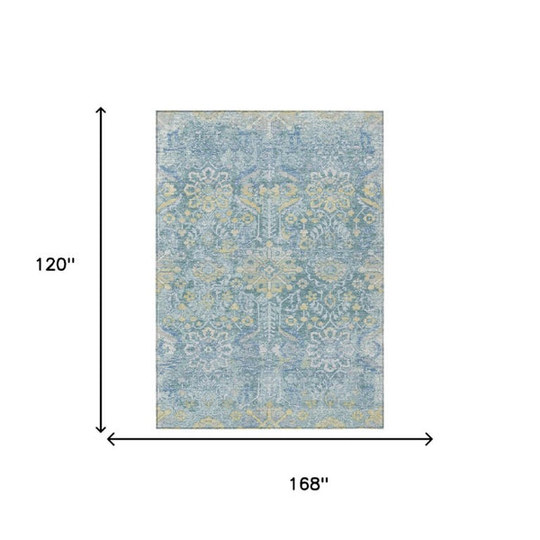 10 Ft Damask Polyester Area Rug Washable Teal Silver Outdoor Indoor Patio