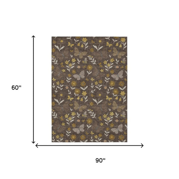 Abstract Washable Indoor Outdoor Polyester Area Rug in Warm Brown Walnut Tones for Any Room