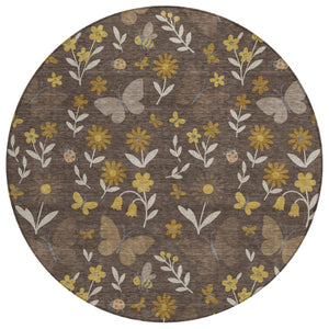 HomeRoots 8 Ft Round Washable Polyester Area Rug Abstract Pattern for Indoor Outdoor Use 733602
