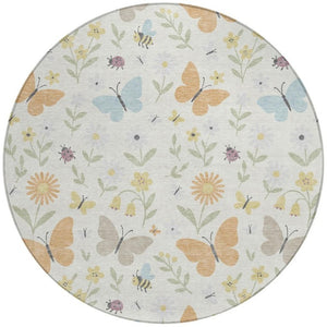 8 Foot Round Abstract Ivory Polyester Area Rug Washable for Patio or Entryway