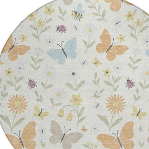 8 Foot Round Abstract Ivory Polyester Area Rug Washable for Patio or Entryway