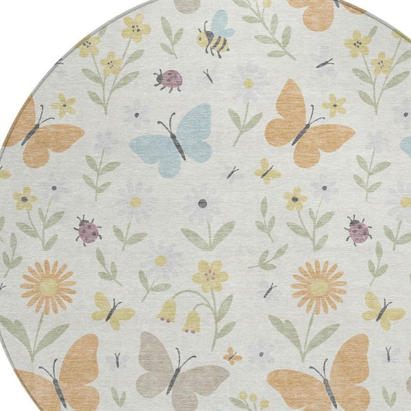 8 Foot Round Abstract Ivory Polyester Area Rug Washable for Patio or Entryway