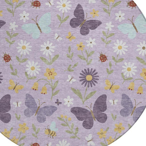 HomeRoots 8 Ft Round Abstract Geometric Polyester Area Rug Washable Indoor Outdoor Lavender 733614