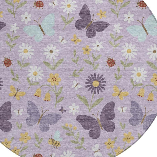 HomeRoots 8 Ft Round Abstract Geometric Polyester Area Rug Washable Indoor Outdoor Lavender 733614
