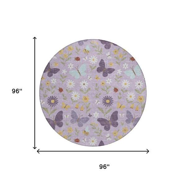 8 Ft Round Abstract Geometric Polyester Area Rug Washable Indoor Outdoor Lavender