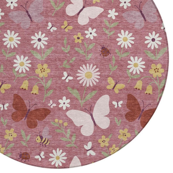HomeRoots 8 Ft Round Washable Polyester Area Rug with Abstract Geometric Pattern for Patio or Living Room 733620