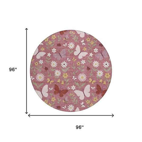 8 Ft Round Washable Polyester Area Rug with Abstract Geometric Pattern for Patio or Living Room