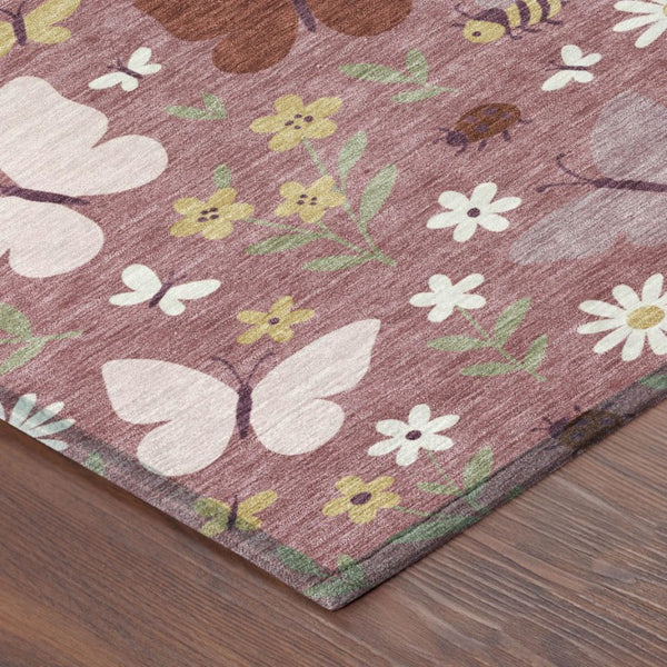 Mauve Pink Abstract Washable Polyester Area Rug for Indoor Outdoor Patios and Living Rooms