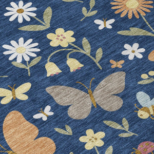8 Ft X 10 Ft Navy Abstract Washable Polyester Area Rug for Indoor Outdoor Spaces